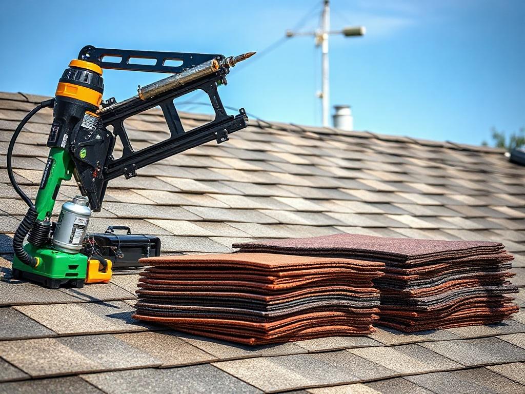 Roofing tools and equipment stacked on a roof