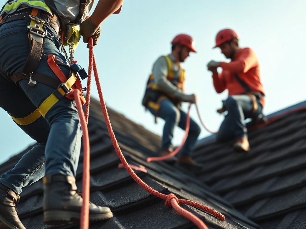 Roofing workers in safety harnesses on a steep roof pitch