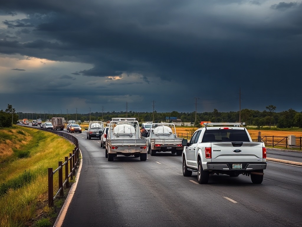 Fleet of contractor trucks and trailers on a highway