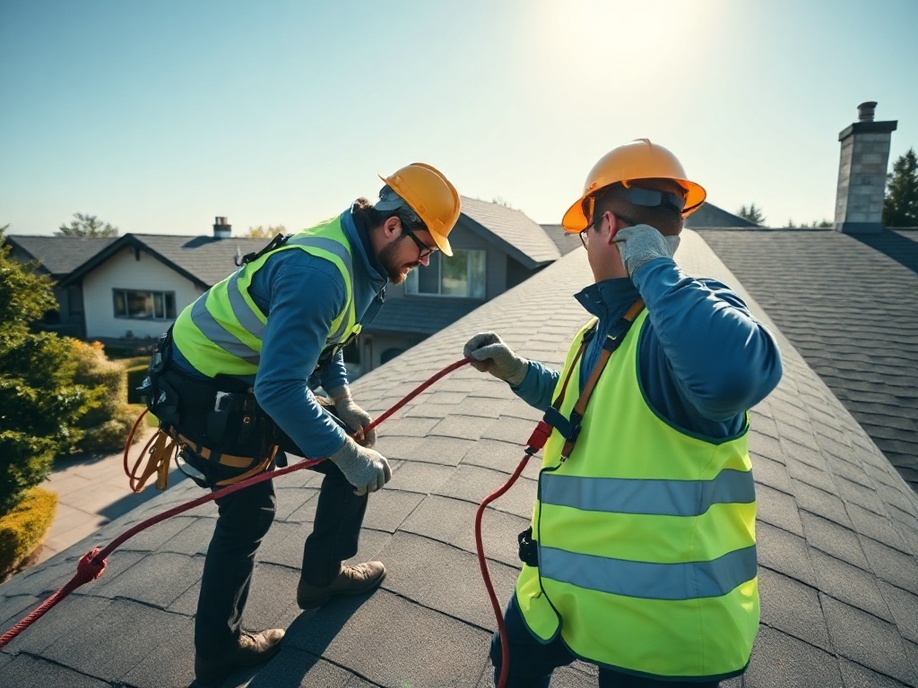 Professional roofers in safety gear on a residential roof