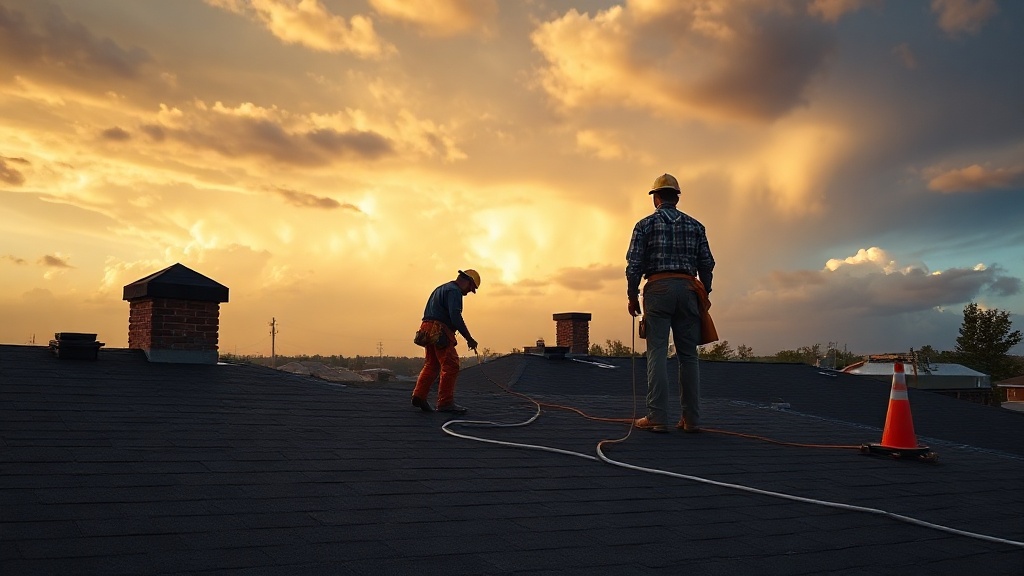 Storm restoration contractors working on a roof under a dramatic sky