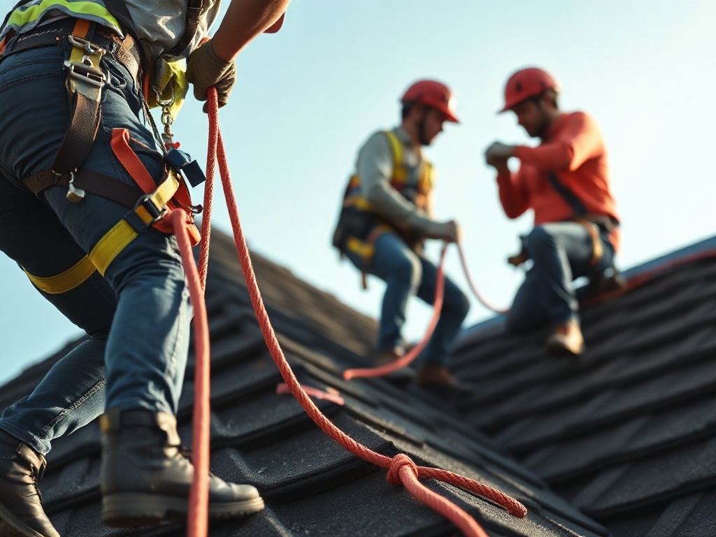 Roofing workers in safety harnesses on a steep roof pitch